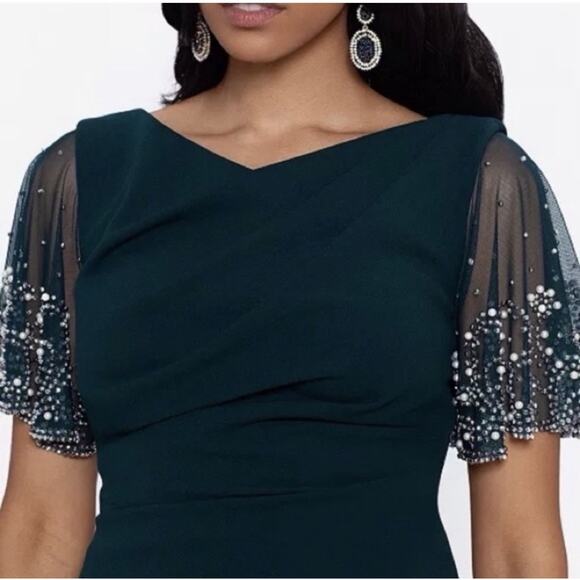 Betsy & Adam Plus "Emily" Short Scuba Crepe Beaded Flutter Sleeve Dress 18W Pine - Picture 3 of 14